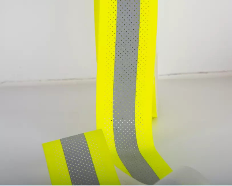 DM 9150 Flame Resistant Perforated Aramid Yellow/Silver/Yellow Reflective Fabric
