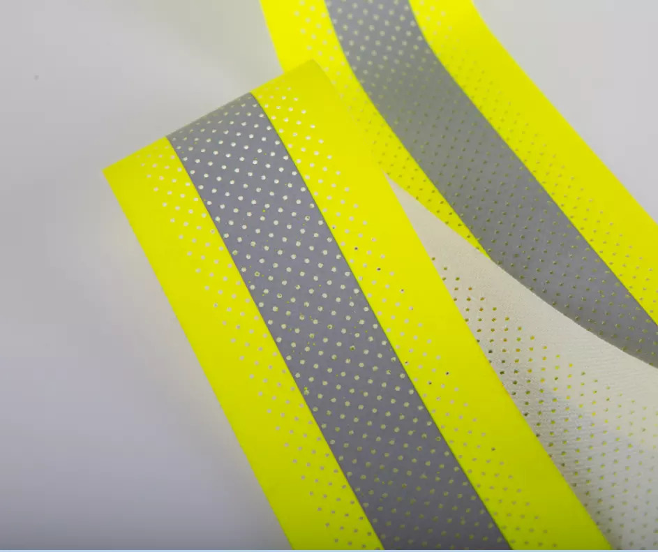 DM 9150 Flame Resistant Perforated Aramid Yellow/Silver/Yellow Reflective Fabric